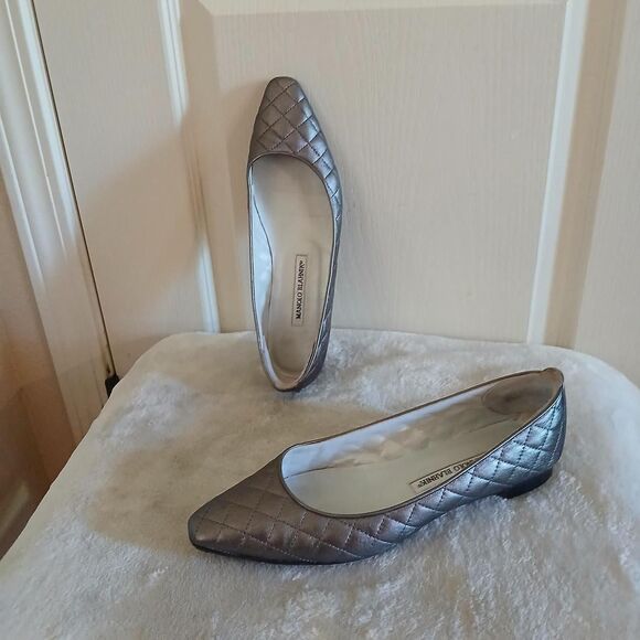 Manolo Blahnik Shoes - Manolo Blahnik Giungla Silver Quilted Leather Square Toe Ballet Flats 39 Luxury